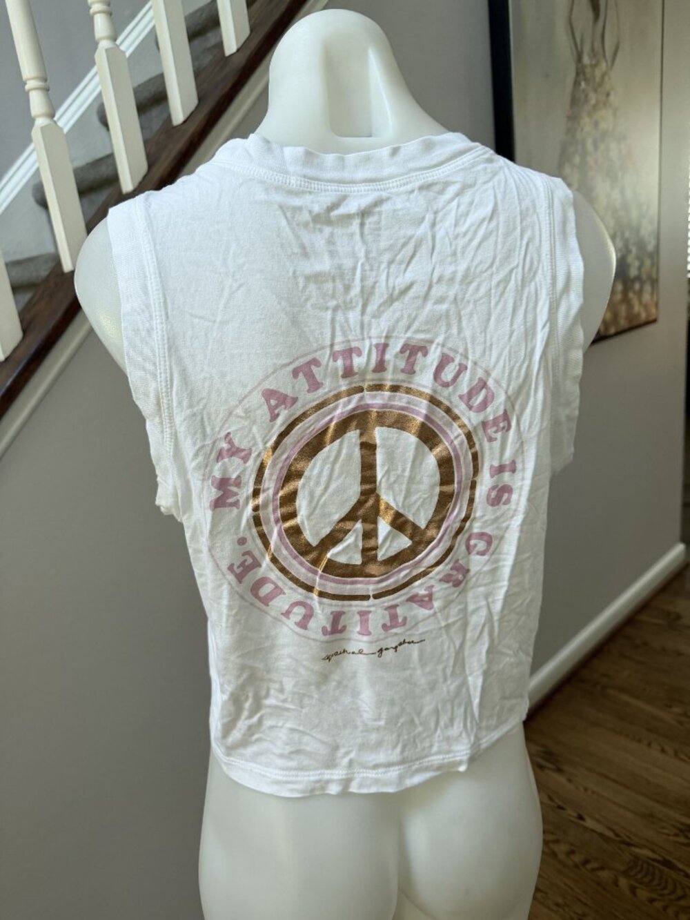 SPIRITUAL GANGSTER Women's White "Gratitude" Peace Crop Tank Top M
